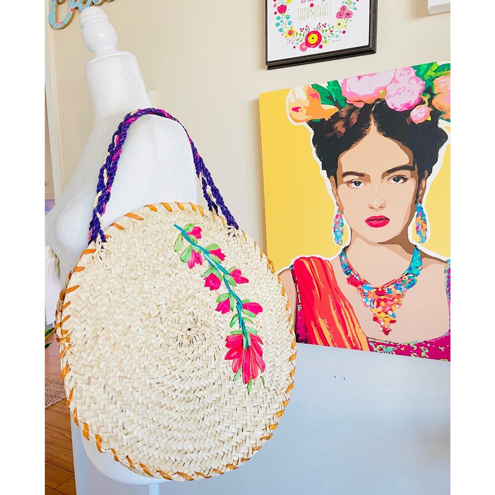 Vintage Straw Hand Made Embroidered Bag